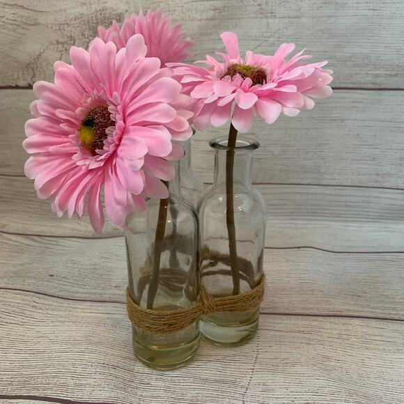 Artificial Pink Gerbera Daisies in Bottles and Twine String Faux Glued Water 9"H - Picture 2 of 10